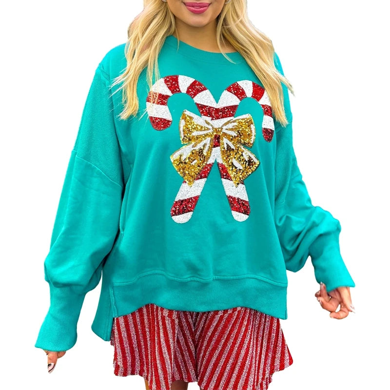 Candy Cane Print Sequin Sweatshirt