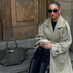 Solid Double Breasted Belted Loose Long Coat