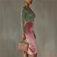 Velvet Patchwork V-Neck Bodycon Dress