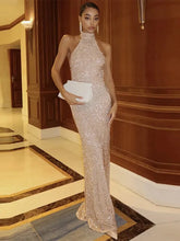 Backless Sequin Halter Maxi Dress