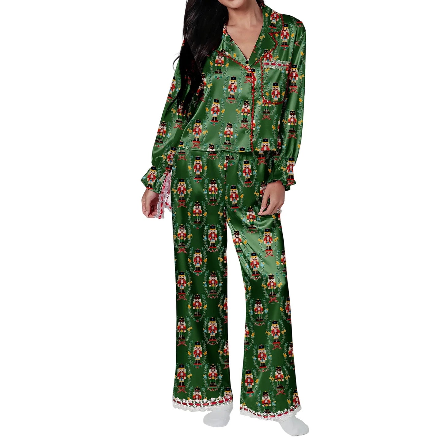 Santa Claus & Bow Print Satin Pajama Set