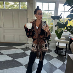 V-Neck Printed Knit Cardigan With Belt