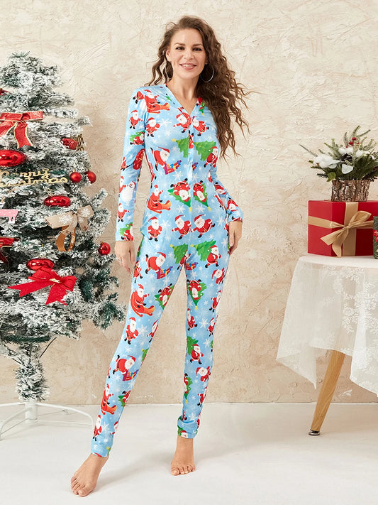 Cartoon Print Christmas Romper Pajamas