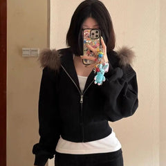 Fur Collar Hooded Crop Jacket