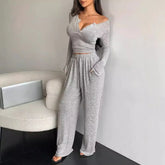 V Neck Top Wide Leg Pants Set