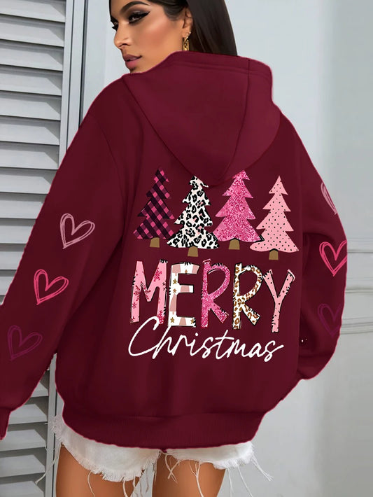 Merry Christmas Pink Tree Print Hoodie