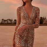 Deep V Long Sleeve Sequin Dress