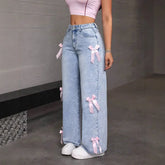 High Waist Bow Washed Distressed Wide Leg Denim Jeans
