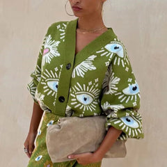 Geometric Print V-Neck Cardigan