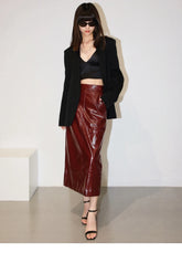 Shiny Reflective PU Leather Midi Skirt