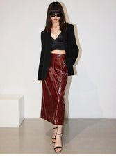 Shiny Reflective PU Leather Midi Skirt
