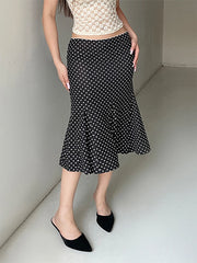 Dot Print Low Waist Midi Skirt