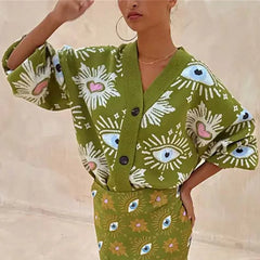 Geometric Print V-Neck Cardigan