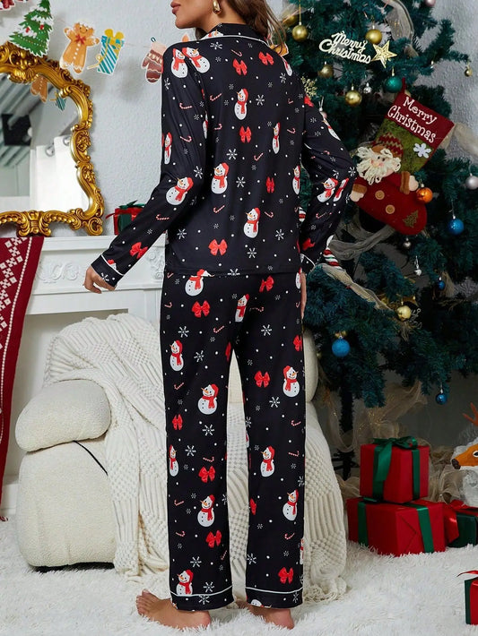 Cartoon Print Christmas Pajama Set
