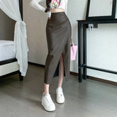 High Waist Front Split PU Leather Skirt