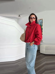 Solid Zip Stand Collar Bomber Jacket