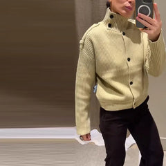 Stand Collar Solid Knit Cardigan