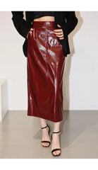 Shiny Reflective PU Leather Midi Skirt