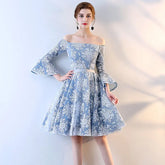 Slim Fit Blue Mesh Lace Bridesmaid Dress