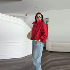 Solid Zip Stand Collar Bomber Jacket