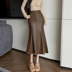 Vintage High Waist PU Leather Fishtail Skirt