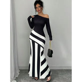 Striped Slant Collar Long Sleeve Dress