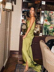 Green Satin Ruffles Sling Dress