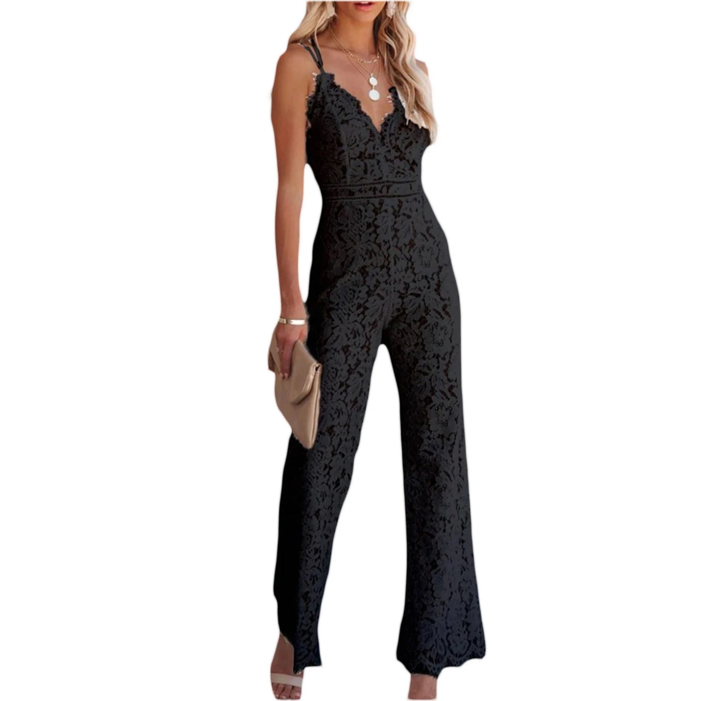 V-Neck Lace Open Back Jumpsuit
