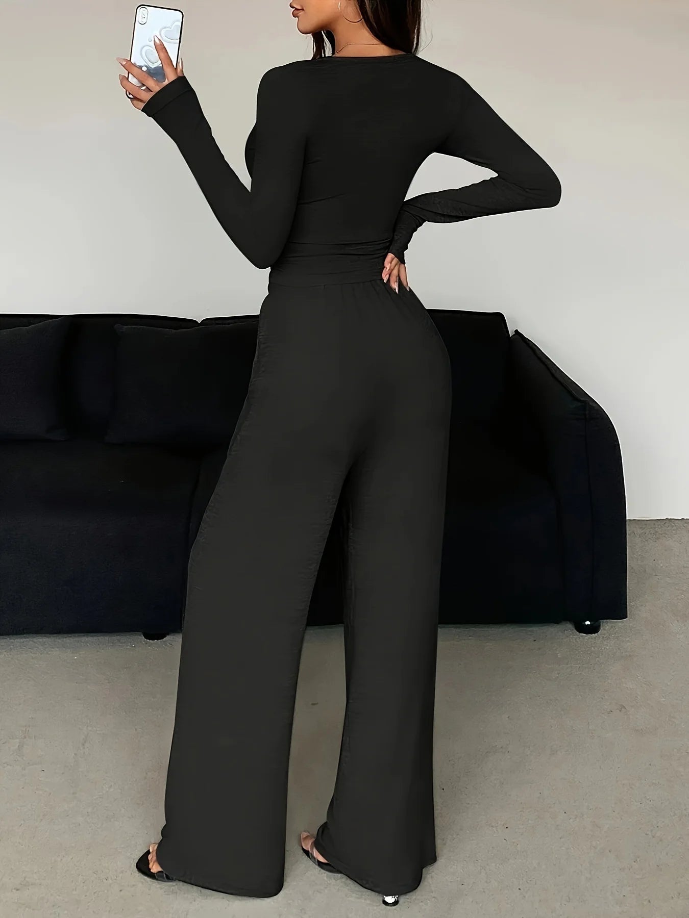 V Neck Top Wide Leg Pants Set