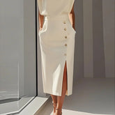 High Waist Button Midi Skirt