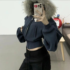 Fur Collar Hooded Crop Jacket
