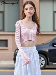 Hollow Knit V-Neck Crop Cardigan