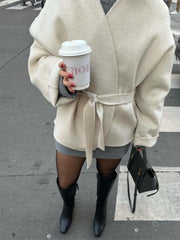 Collarless Woolen Belt Jacket