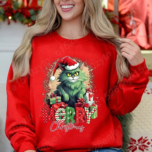 Christmas Cat Print Sweatshirt for Women