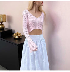 Hollow Knit V-Neck Crop Cardigan