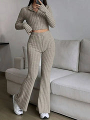 Zip Rib Knit Top and Pants Set