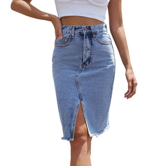 Blue Denim High Waist Midi Skirt