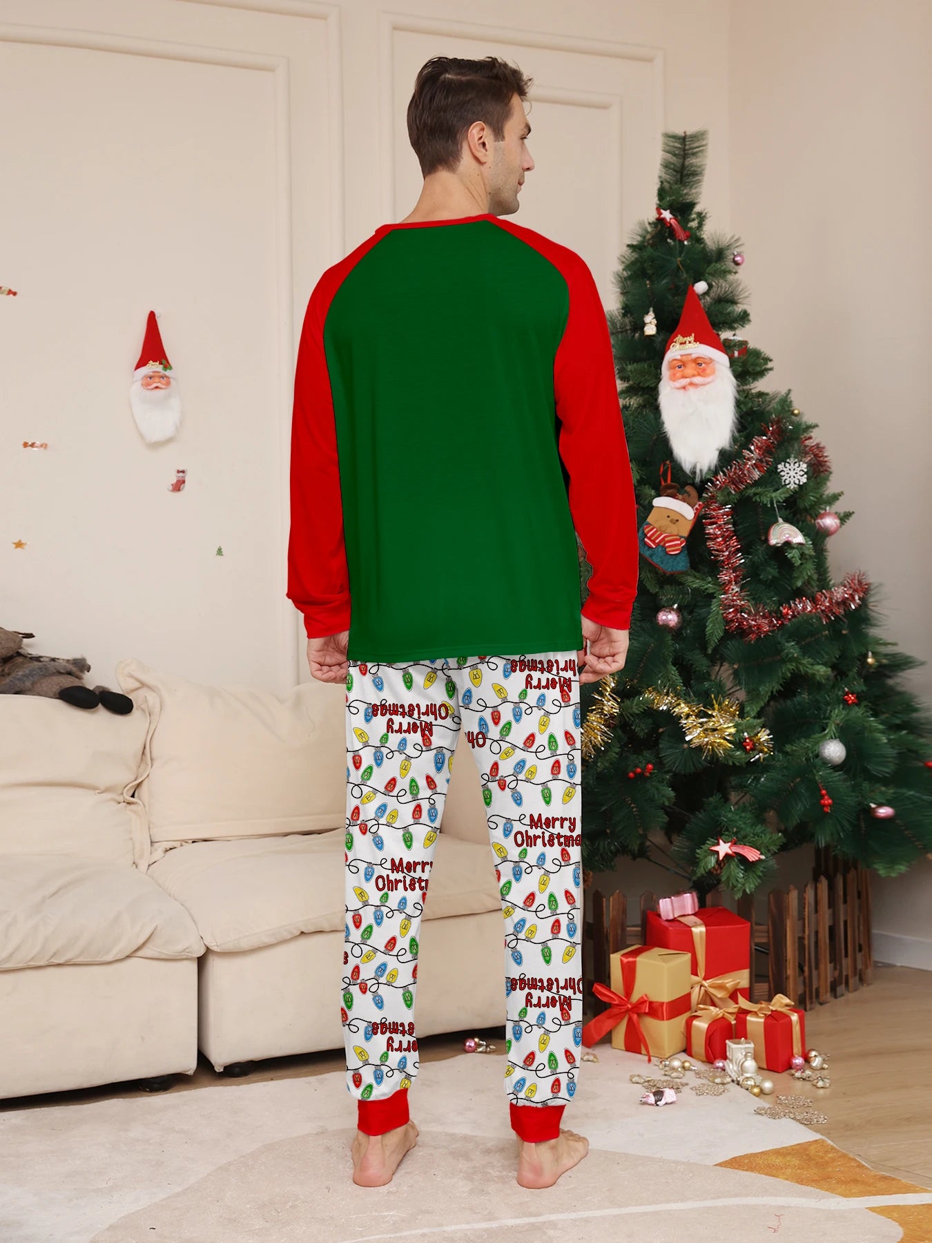 Raglan Sleeve Green & Red Top & Festive Light Pants Set