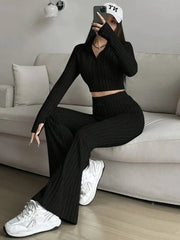 Zip Rib Knit Top and Pants Set