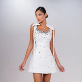 Crystal Sleeveless Evening Dress with Bow Shoulders