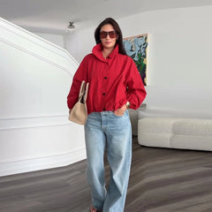 Solid Zip Stand Collar Bomber Jacket