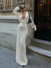 Knitted White Deep V Maxi Dress