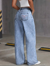 Bow Embroidered Wide Leg Jeans