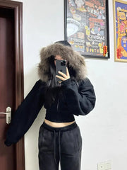 Fur Collar Hooded Crop Jacket