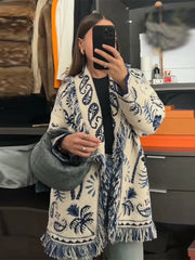 V-Neck Printed Knit Cardigan With Belt