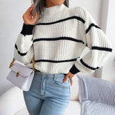 High Collar Striped Knit Sweater