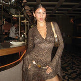 V-Neck Lace Pleated Mini Dress