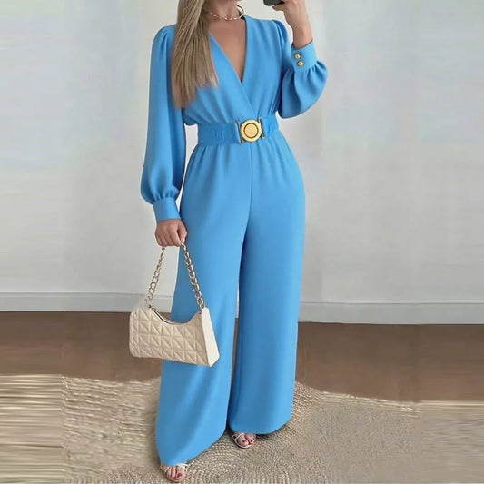 V Neck Belted Wide Leg Jumpsuit