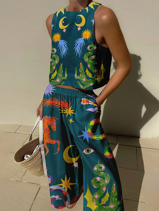Print Tank Top Two-piece Pants Set