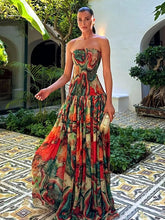 Printed Strapless Pleated Maxi Dress